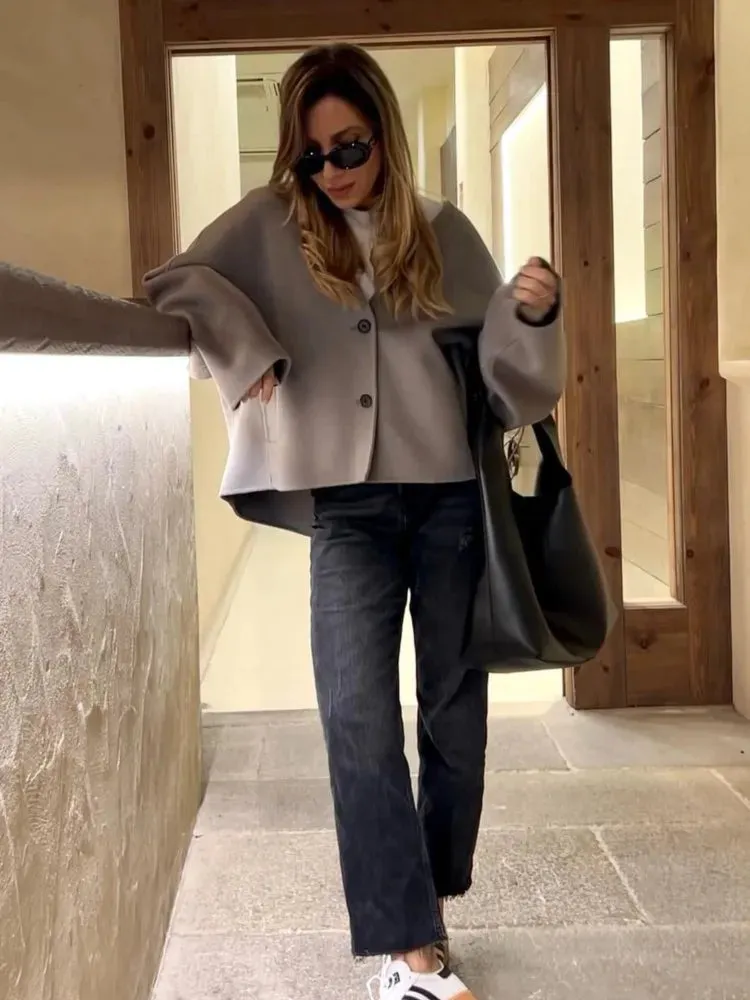 Purpdrank - Autumn Women's Grey Cropped Coat Elegant V-neck Single Breasted Long Sleeve Female Coats Winter Female Chic Streetwear Jackets