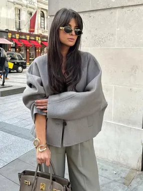 Purpdrank - Autumn Women's Grey Cropped Coat Elegant V-neck Single Breasted Long Sleeve Female Coats Winter Female Chic Streetwear Jackets