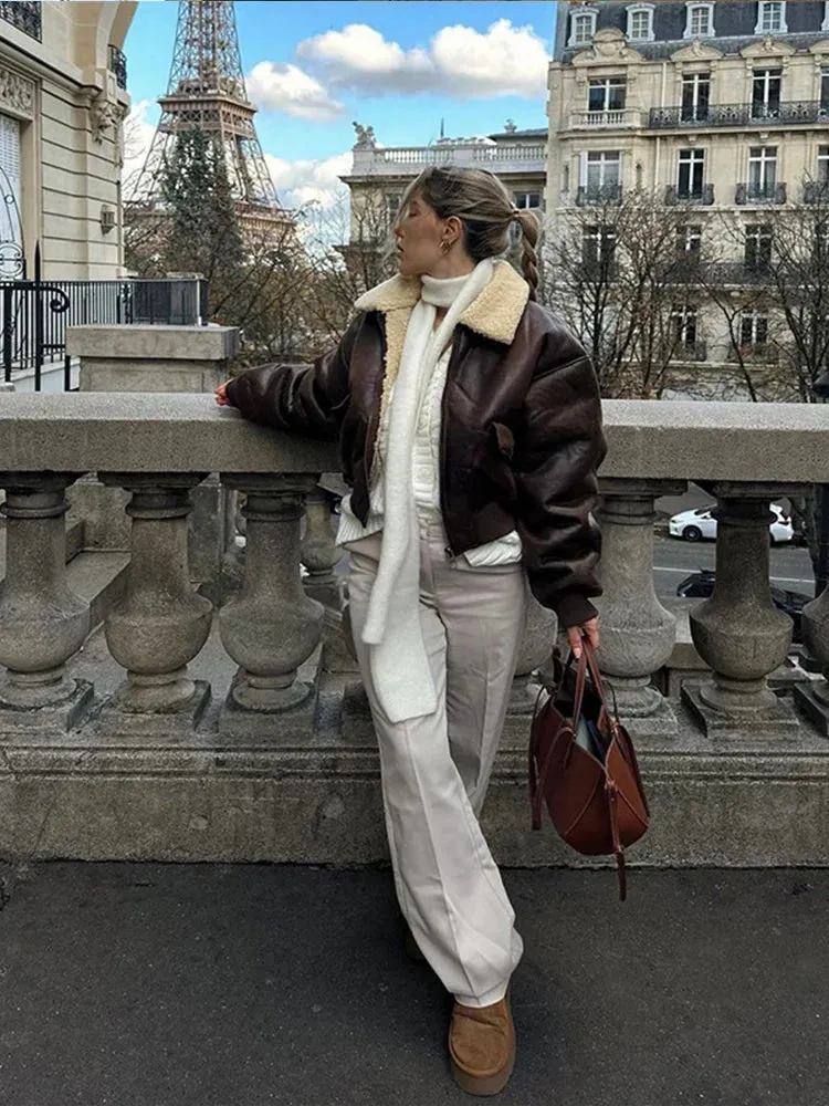 TAVIMART  -  Chic Long Sleeve Lapel Double Side Motorcycle Coat Fashion Warm Pocket Zipper Jackets Autumn Winter Woman High Street Coats