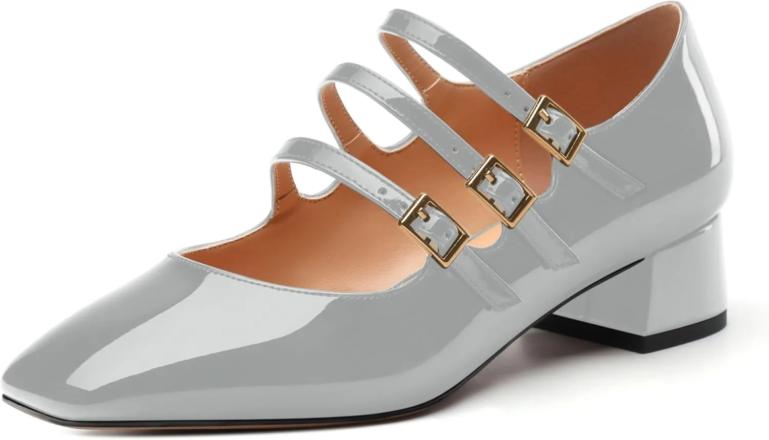 Womens Closed Square Toe Low Chunky Heels for Women Ladies Patent Leather Three Strap Mary Jane Pumps Wedding Party Office Dress Shoes
