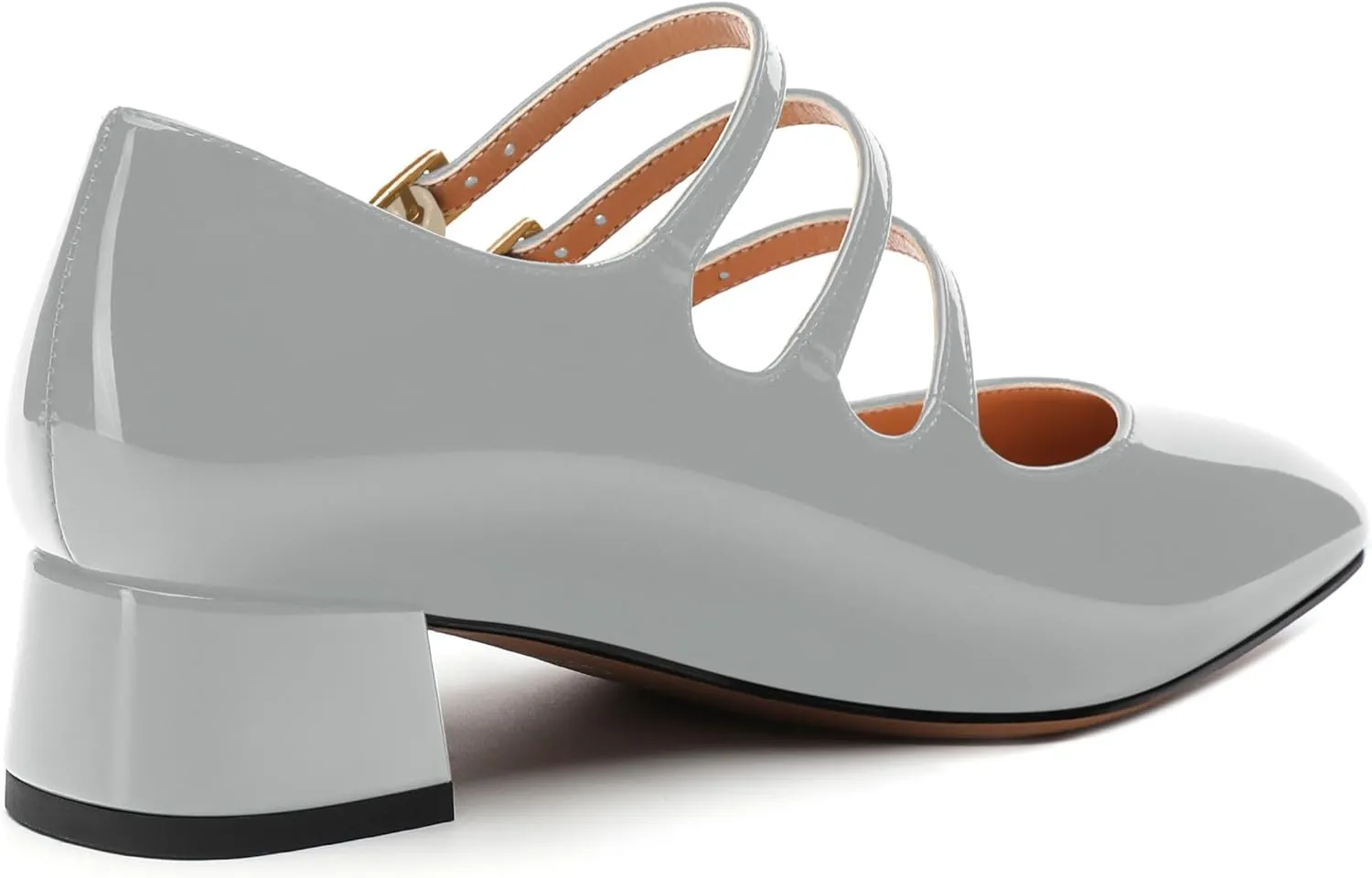 Womens Closed Square Toe Low Chunky Heels for Women Ladies Patent Leather Three Strap Mary Jane Pumps Wedding Party Office Dress Shoes