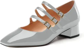 Womens Closed Square Toe Low Chunky Heels for Women Ladies Patent Leather Three Strap Mary Jane Pumps Wedding Party Office Dress Shoes
