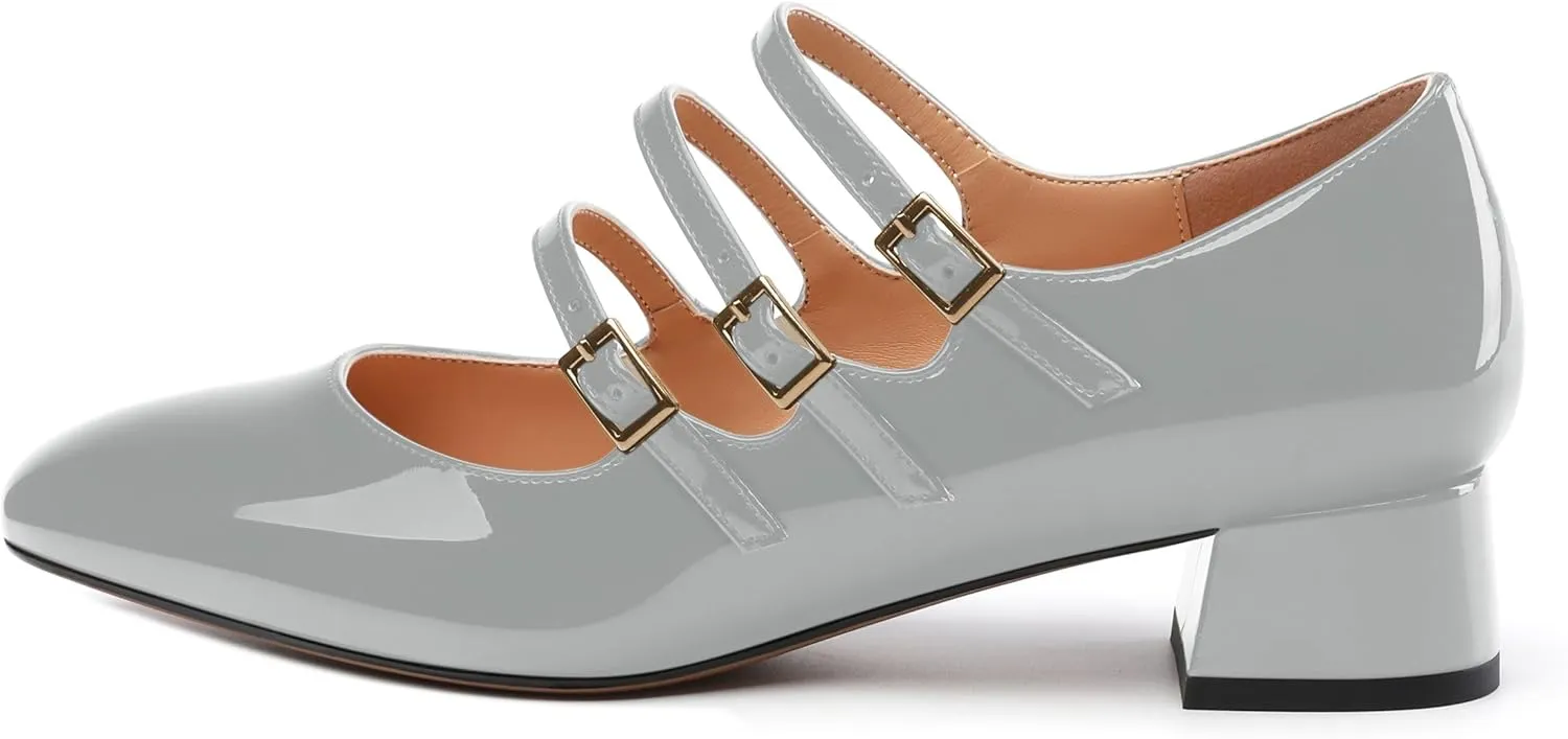 Womens Closed Square Toe Low Chunky Heels for Women Ladies Patent Leather Three Strap Mary Jane Pumps Wedding Party Office Dress Shoes