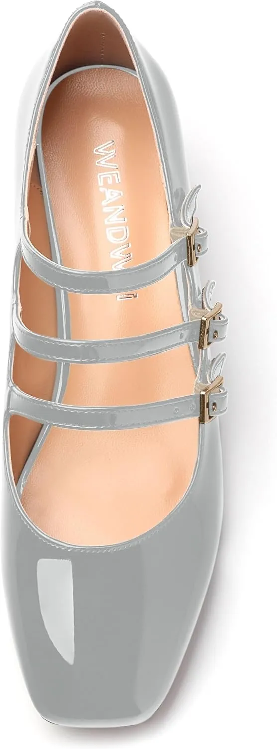 Womens Closed Square Toe Low Chunky Heels for Women Ladies Patent Leather Three Strap Mary Jane Pumps Wedding Party Office Dress Shoes