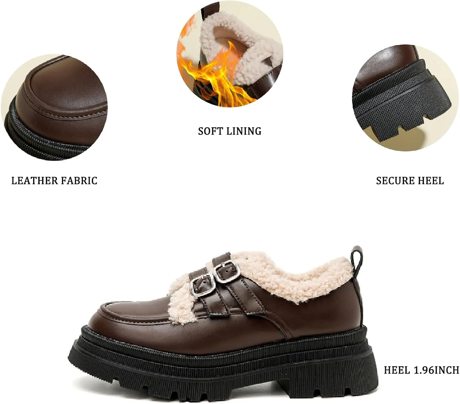 Women's Leather Plus Velvet Chunky Low Heel Oxfords Winter Buckle Strap Warm Fur Lined Slip On Non-Slip Platform Dress Loafers for Party Business Work Cotton Boots