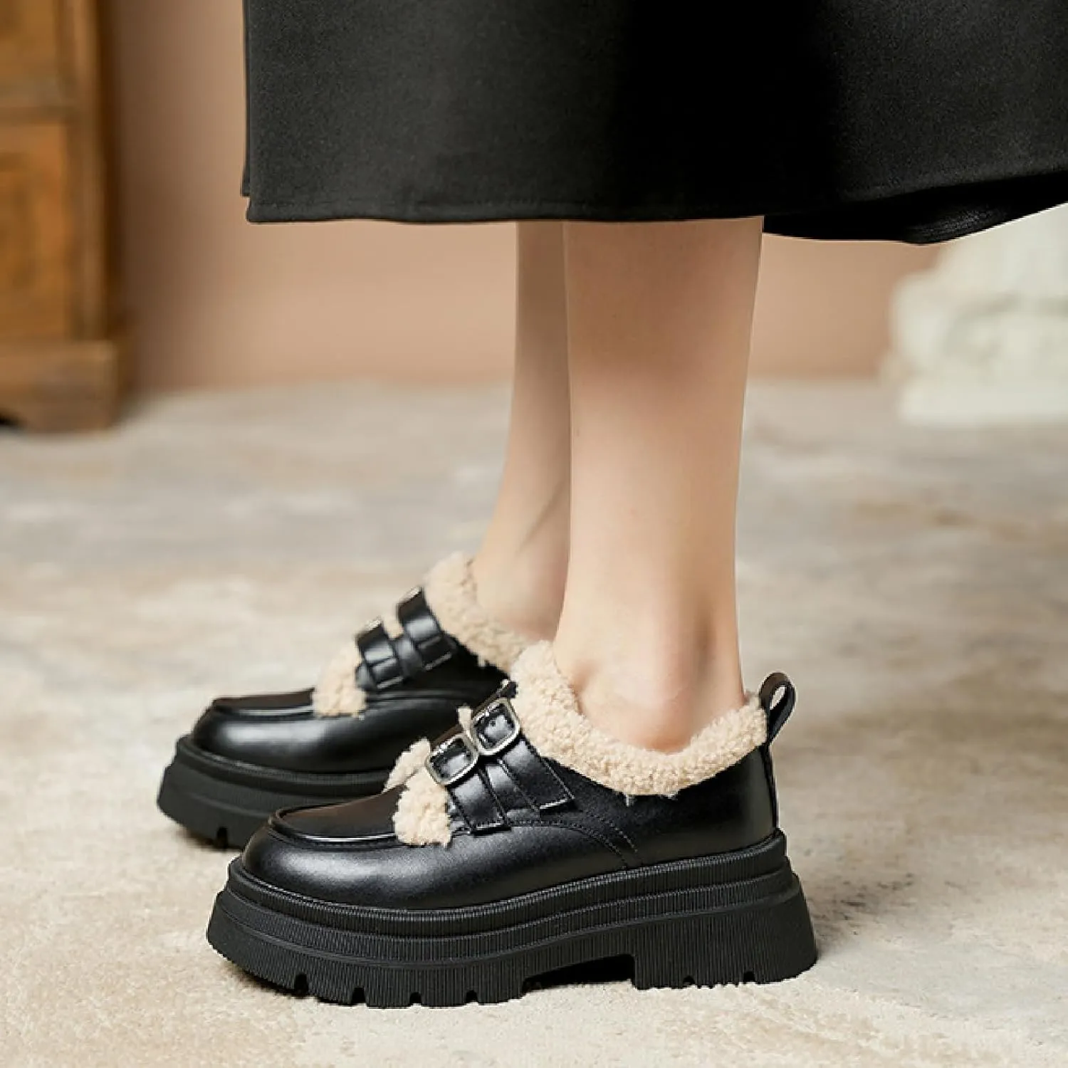 Women's Leather Plus Velvet Chunky Low Heel Oxfords Winter Buckle Strap Warm Fur Lined Slip On Non-Slip Platform Dress Loafers for Party Business Work Cotton Boots