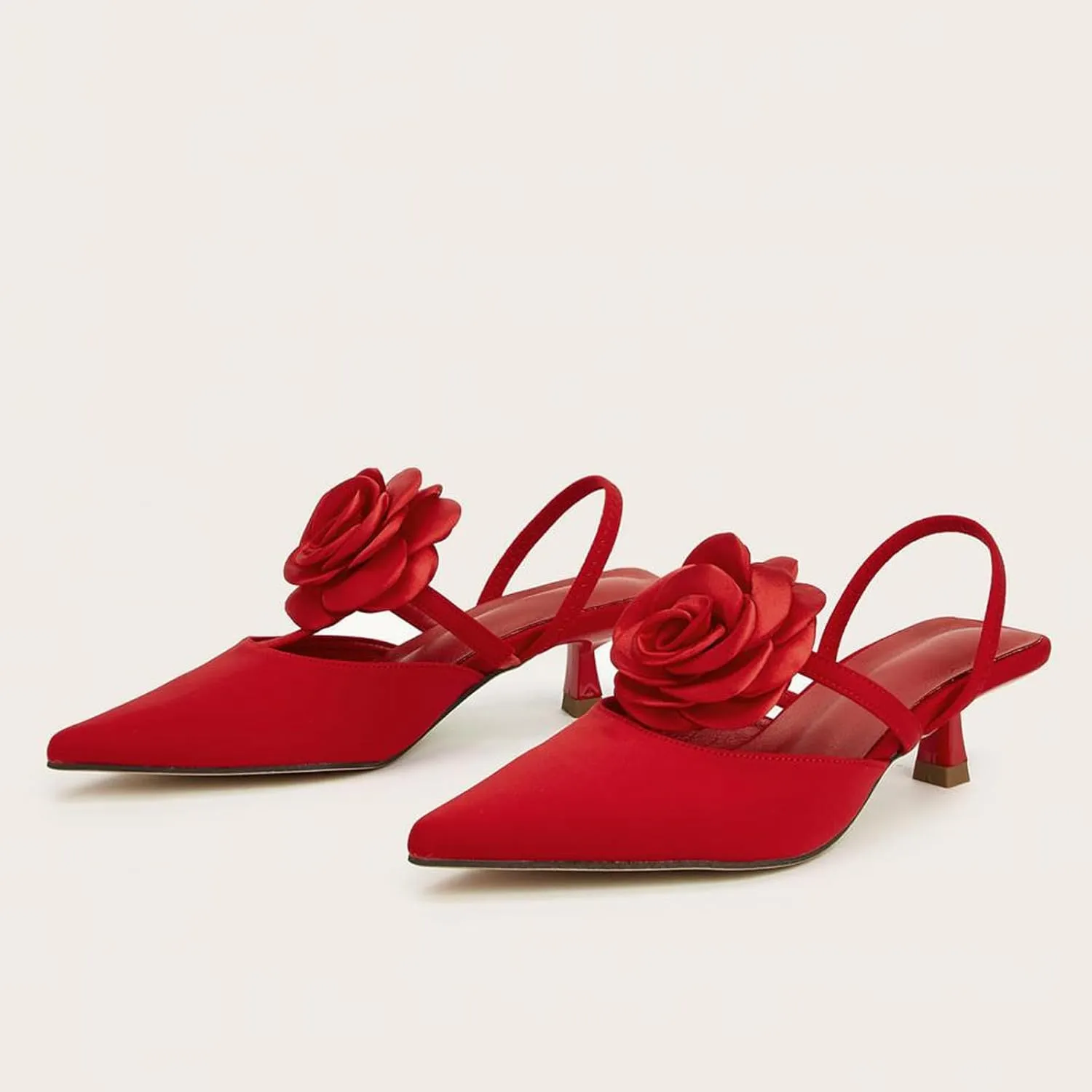 Women’s Pointed-Toe Slingback Sandals – Mid-Heel Dress Shoes with 3D Satin Flower – Elegant Party & Date Footwear (Sizes 6-11)