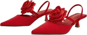 Women’s Pointed-Toe Slingback Sandals – Mid-Heel Dress Shoes with 3D Satin Flower – Elegant Party & Date Footwear (Sizes 6-11)