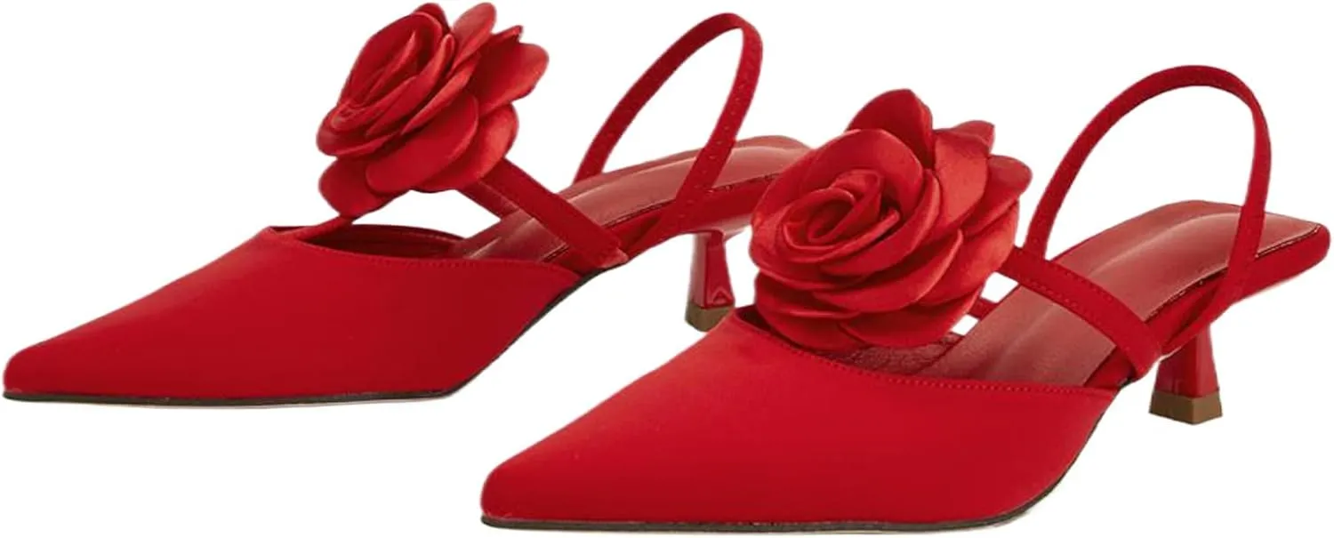 Women’s Pointed-Toe Slingback Sandals – Mid-Heel Dress Shoes with 3D Satin Flower – Elegant Party & Date Footwear (Sizes 6-11)