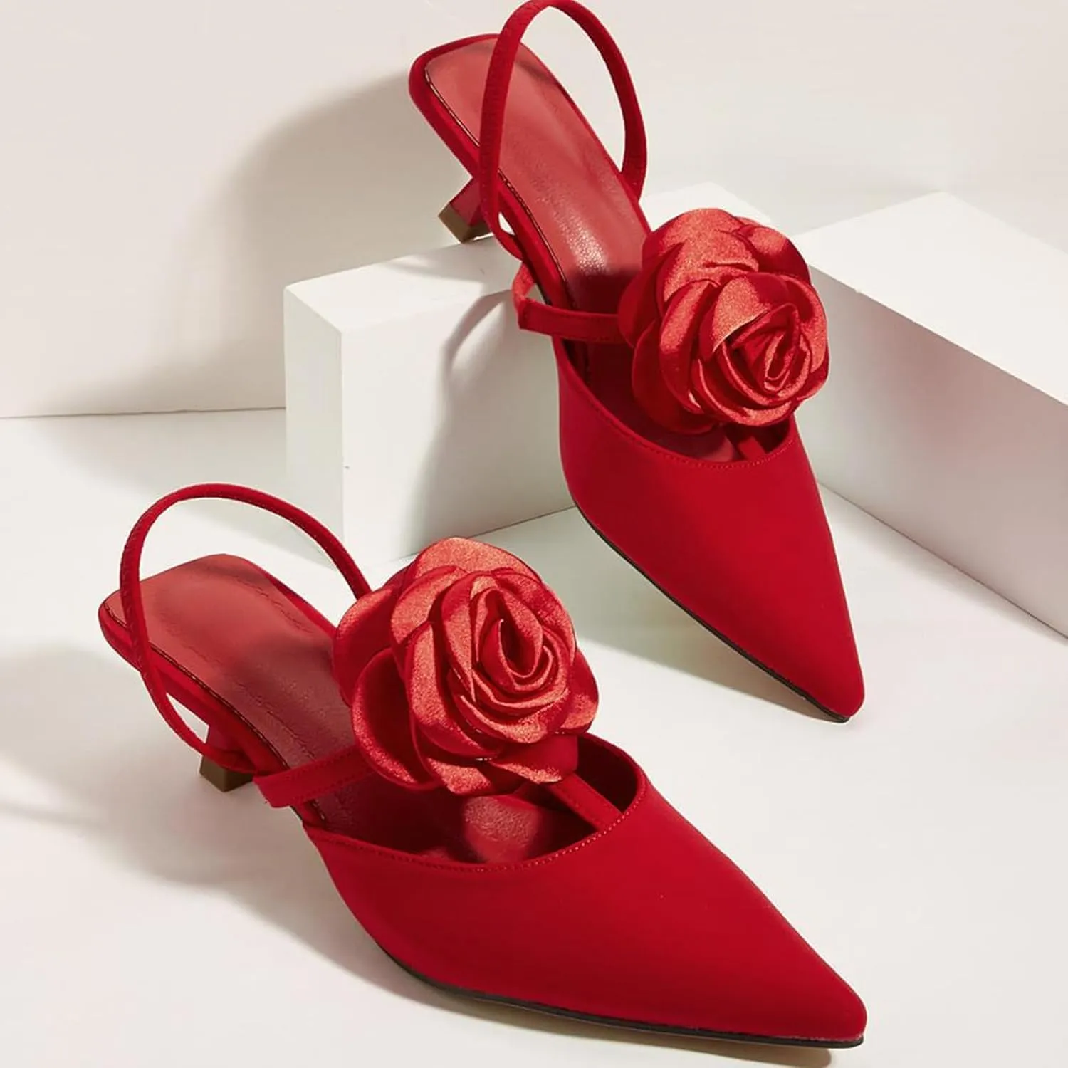 Women’s Pointed-Toe Slingback Sandals – Mid-Heel Dress Shoes with 3D Satin Flower – Elegant Party & Date Footwear (Sizes 6-11)