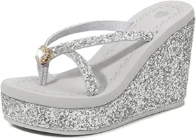 Women's Super High Heel Platform Sequin Diamond Flip Flops Shiny Sequin Wedge Non-Slip Comfortable Flip Flops.