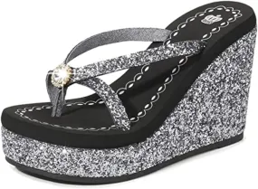 Women's Super High Heel Platform Sequin Diamond Flip Flops Shiny Sequin Wedge Non-Slip Comfortable Flip Flops.