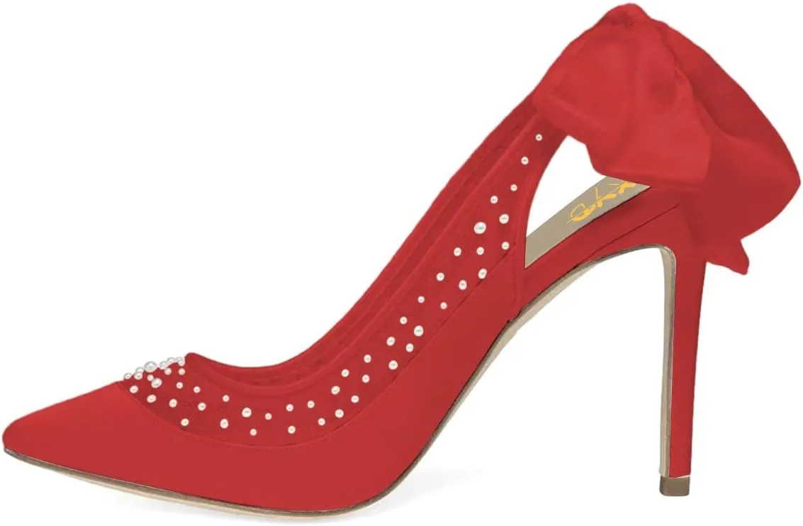 XYD Women's Silk Satin Pointed Toe Pumps Wedding High Heel Pearls Back Bowknot Mesh Brides Evening Shoes