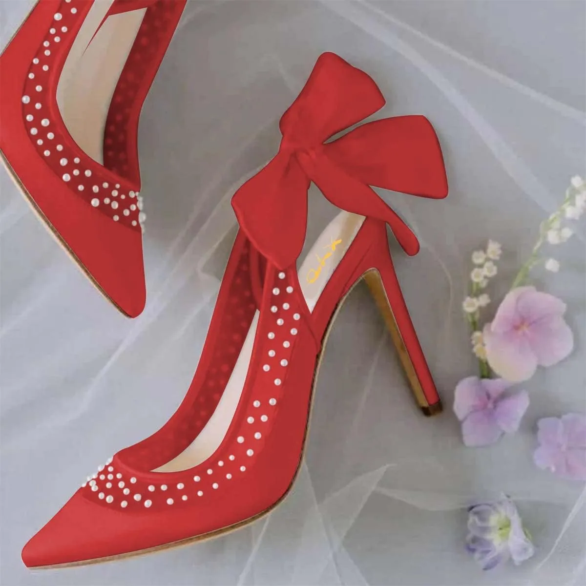 XYD Women's Silk Satin Pointed Toe Pumps Wedding High Heel Pearls Back Bowknot Mesh Brides Evening Shoes