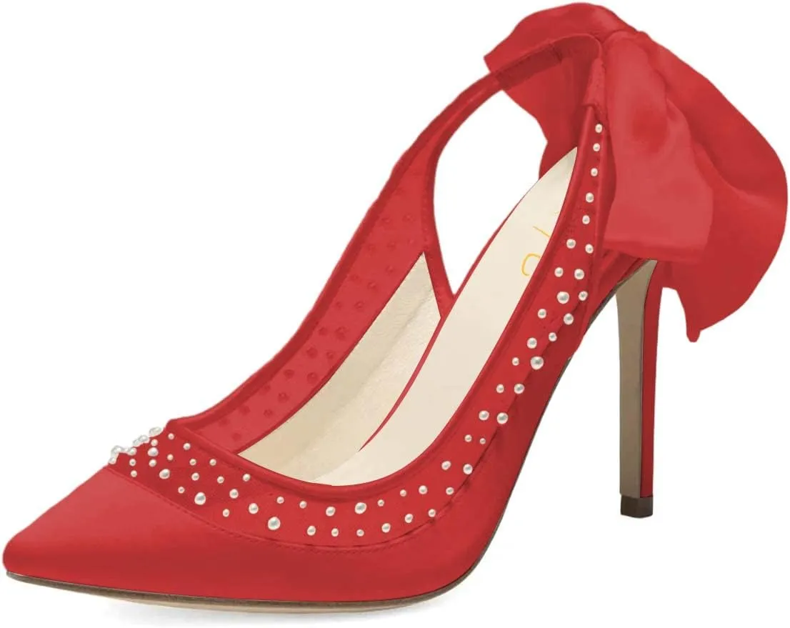 XYD Women's Silk Satin Pointed Toe Pumps Wedding High Heel Pearls Back Bowknot Mesh Brides Evening Shoes