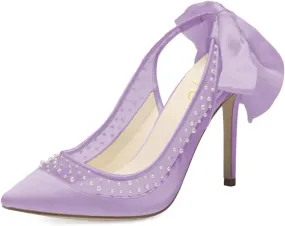 XYD Women's Silk Satin Pointed Toe Pumps Wedding High Heel Pearls Back Bowknot Mesh Brides Evening Shoes