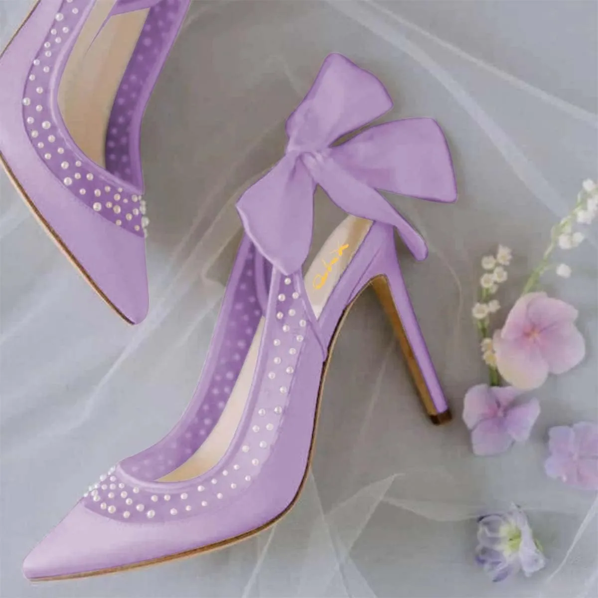 XYD Women's Silk Satin Pointed Toe Pumps Wedding High Heel Pearls Back Bowknot Mesh Brides Evening Shoes