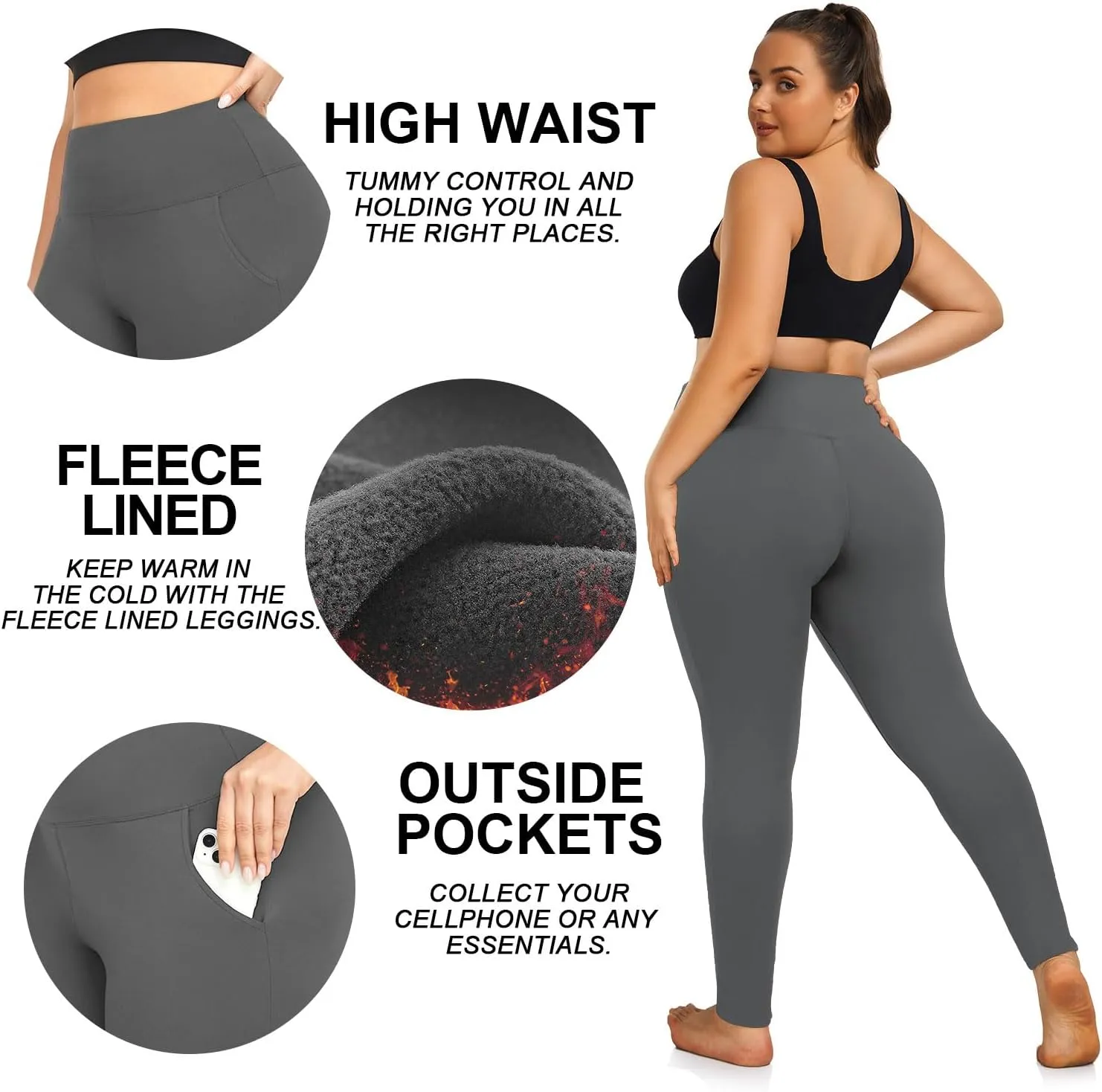 yeuG Women's Plus Size Fleece Lined Leggings with Pockets-1X-4X High Waist Tummy Control Workout Yoga Pants