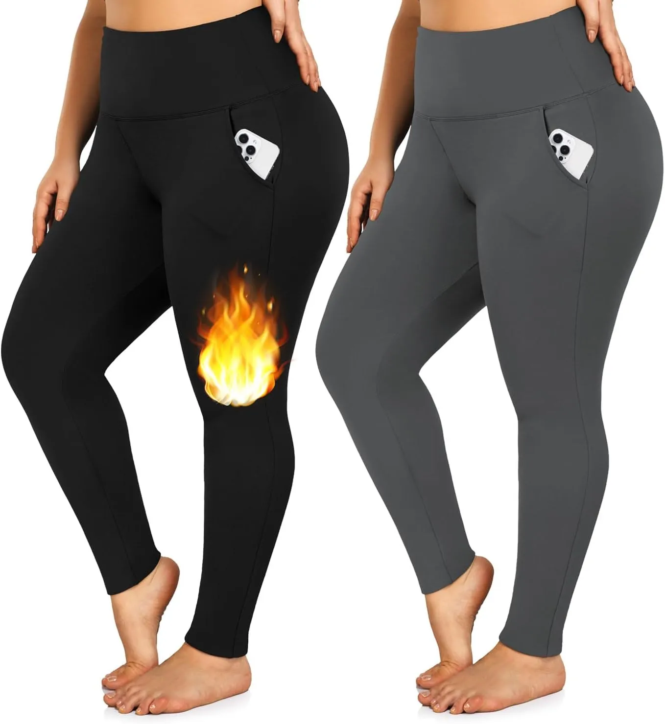 yeuG Women's Plus Size Fleece Lined Leggings with Pockets-1X-4X High Waist Tummy Control Workout Yoga Pants
